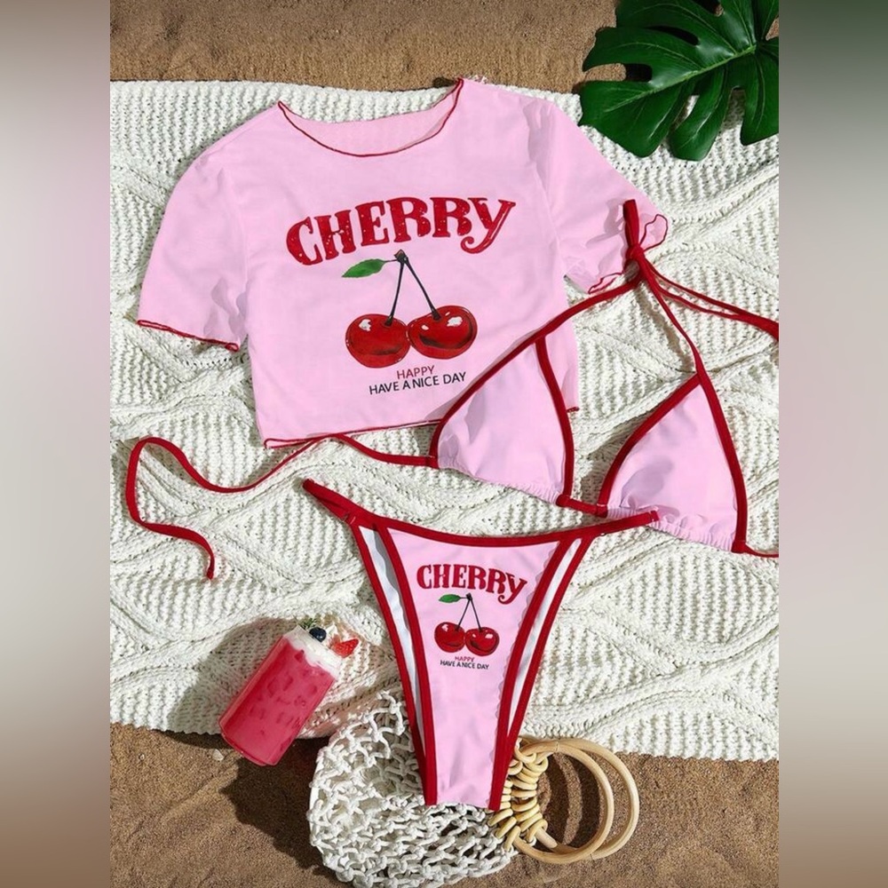 SHEIN Cherry Print Pink Bikini Set